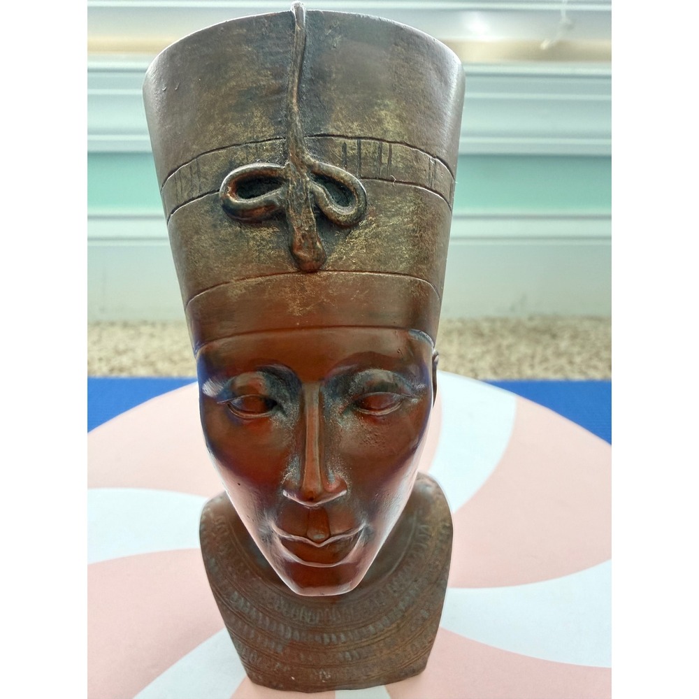 Vintage Egyptian Queen Nefertiti Bust Statue Bronze Finish Patina 6 Inch